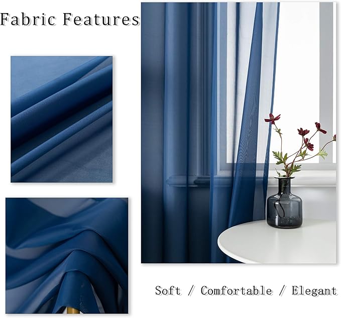 DUALIFE Navy Blue Sheer Curtains 63 Inch Length for Bedroom Dark Blue Sheer Curtains Panels with Grommet Sheer Voile Superior Drapes for Living Room 52 x 63 Inch Length 2 Panels Indigo Blue