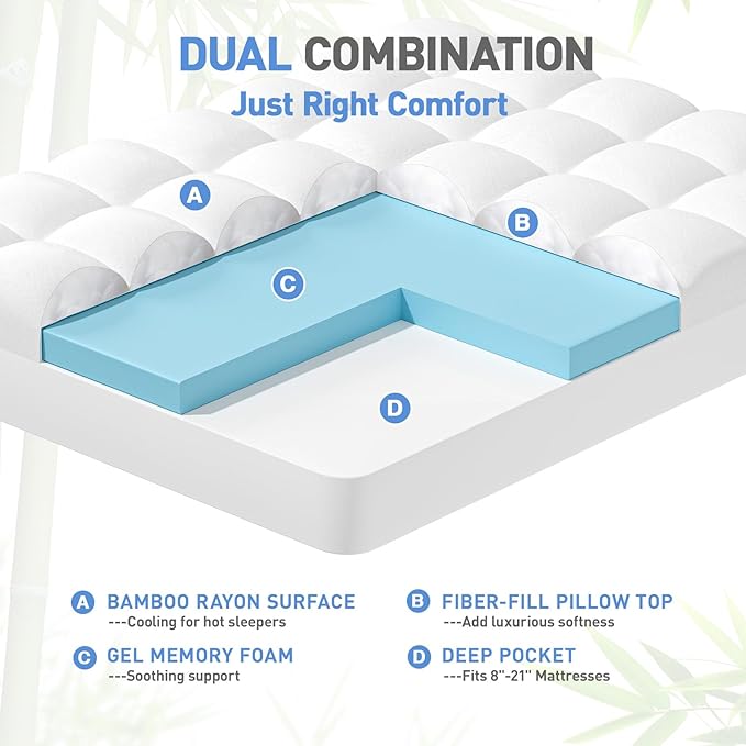Dual Layer 3 Inch Memory Foam Mattress Topper Twin Size, 2 Inch Cooling Gel Memory Foam Plus 1 Inch Pillow Top Mattress Pad Cover, with 8-21 Inch Deep Pocket