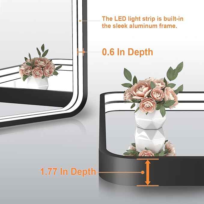 40x24 Inch LED Bathroom Mirror with Lights, Black Metal Framed LED Mirror for Bathroom, 3 Colors and Stepless Dimmable Wall Mounted Lighted Bathroom Vanity Mirror, Anti-Fog, Memory