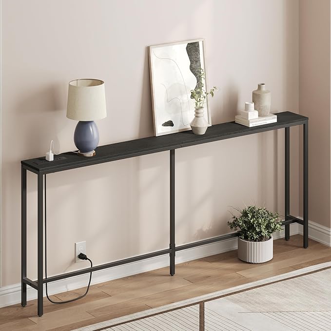 78.7" Console Table with Power Outlet, Narrow Sofa Table, Industrial Entryway Table with USB Ports, Behind Couch for Entryway, Hallway, Foyer, Living Room, Black CTBK20E01