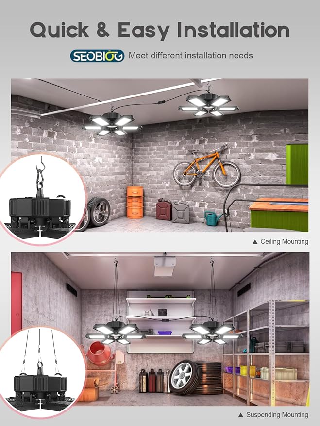 SEOBIOG LED Garage Lights 4 Pack, 200W 20000LM Plug in Linkable LED Shop Light, 6500K Ceiling Light Fixtures with 6+1 Deformable Panels for Garage, Work Bench (Built-in ON/Off Switch)