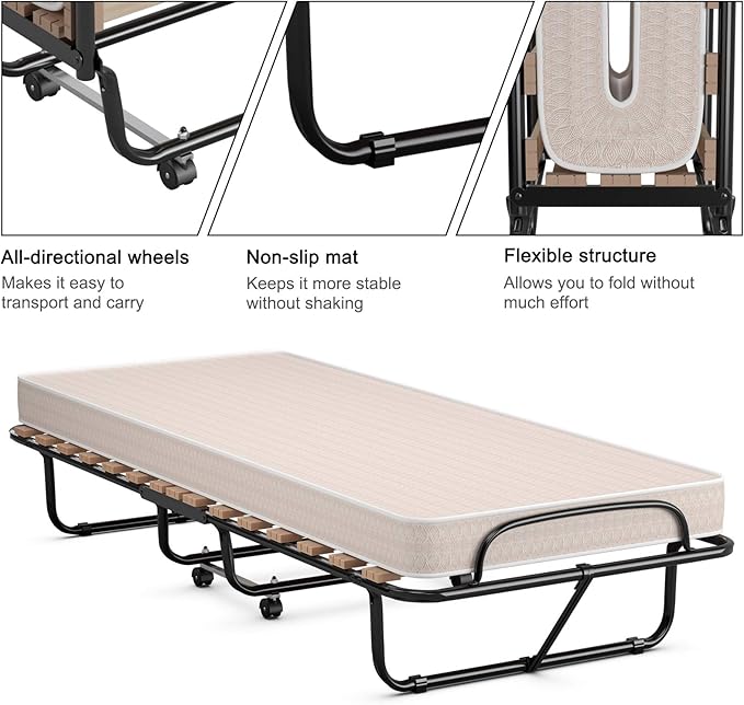 Giantex Folding Bed with Mattress, Rollaway Guest Bed w/ 4 Inch Memory Foam Mattress, Sturdy Metal Frame, Portable Bed Cot Size Easy to Store, Foldable Beds for Adults, Made in Italy