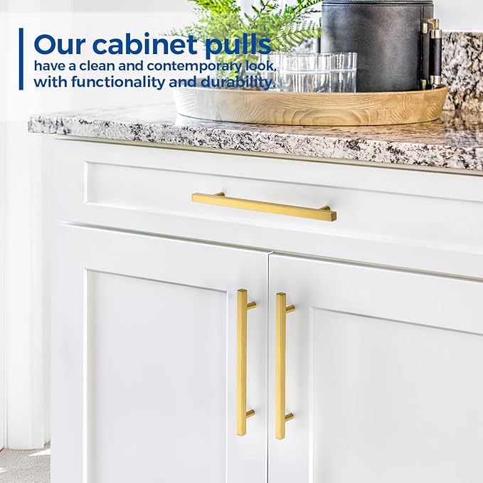JOY DECOR 10 Pack 7-1/2 Inch Brushed Brass Square Cabinet Handles Stainless Steel Cabinet Hardware Pulls for Kitchen and Drawers with 10 Inch Overall Length