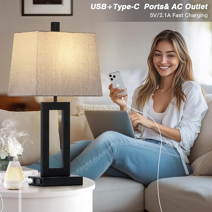 Touch Control Table Lamp Set of 2, Modern Black Bedside Lamps with USB C+A Ports & AC Outlet, 3 Way Dimmable Bedroom Lamps for Night Stands Bedroom Living Room,Nightstand Lamp