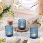 Blue Votive Candle Holder Set of 12, Glass Tea Lights Candle Holders for Wedding Table Centerpieces, Birthday Parties, Home Decor and Holiday Decor
