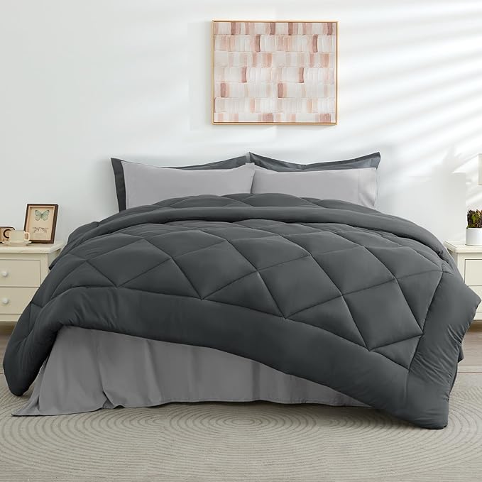 HEVUMYI Full Comforter Set - 7-Piece All Season Bed in a Bag Full, Ultra Soft Bedding Set with Comforter, Flat Sheet, Fitted Sheet, Pillowcases, Pillow Shams, Dark Grey & Light Grey