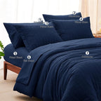 CozyLux Full Size Comforter Sets with Sheets Seersucker 7 Pieces Navy Blue Bed in a Bag Textured Luxury Soft Bedding Set with Down Alternative Comforter, Sheets, Pillowcases & Shams for All Seasons