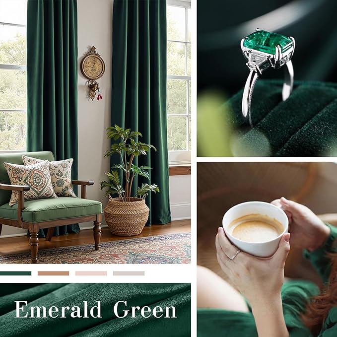 Lazzzy Velvet Blackout Curtains Thermal Insulated Room Window Drapes Super Soft Luxury Curtains for Living Room Bedroom Rod Pocket 2 Panels, Emerald Green, 52" W x 108" L