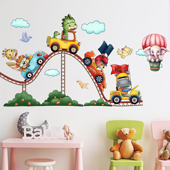 Amusement Park Animal Wall Stickers Car Wall Decals Kid Room Nursery Baby Bedroom Décor (Roller Coaster Animals)