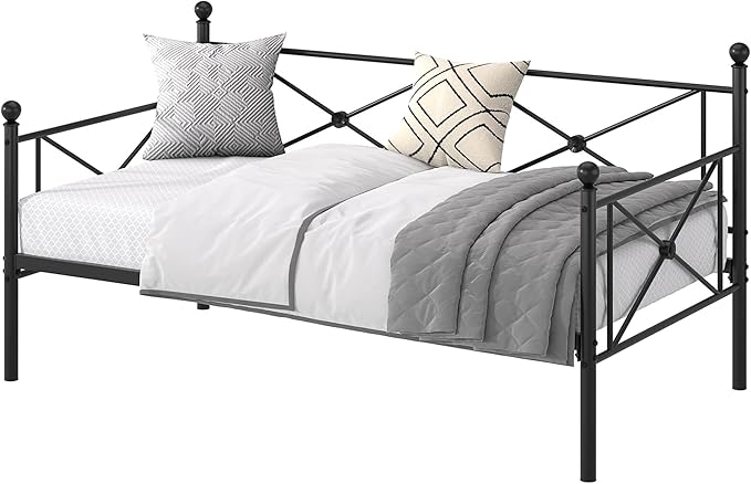 VECELO Twin Daybed Frame, Metal Day Bed with Stylish Headboard, Multifunctional Platform Beds for Bedroom, Living Room, Guest Room, No Boxing Spring Needed, Black