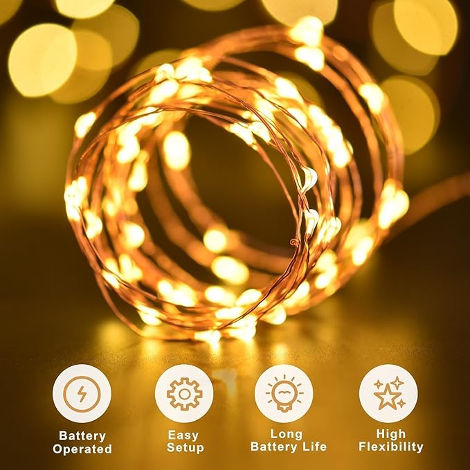 ANJAYLIA 33Ft LED Fairy Lights Battery Operated String Lights 100 LED Firefly Lights Garden Home Bedroom Christmas Party Wedding Festival Decorations, Warm White