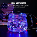 JMEXSUSS 4 Pack 50LED Red White Blue Fairy Lights Battery Operated for 4th of July, Patriotic Lights for Independence Day Decorations