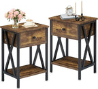 VECELO Nightstands Set of 2, Modern Bedside End Tables, Night Stands with Drawer and Storage Shelf for Living Room Bedroom, Industrial Metal Frame