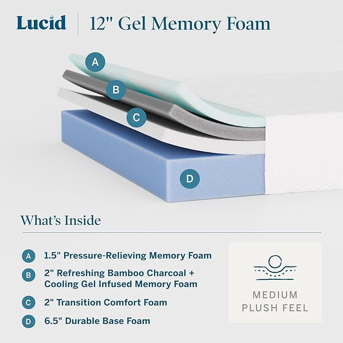 LUCID 12 Inch Memory Foam Mattress - Medium Plush Feel - Infused with Refreshing Bamboo Charcoal and Cooling Gel - Bed in a Box - Temperature Regulating - Pressure Relief - Breathable - Queen Size