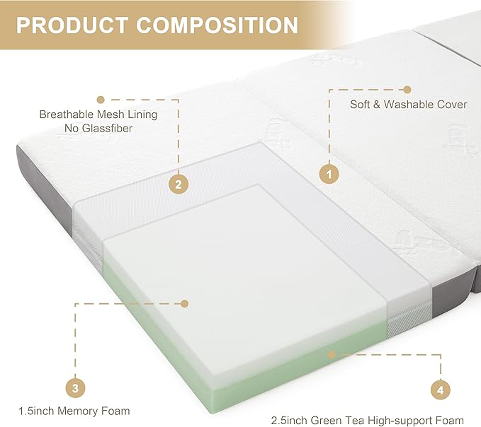 Folding Mattress - 4 Inch Memory Foam Tri-fold Mattress with Breathable & Washable Bamboo Fiber Fabric Cover - Foldable Guest Bed for Camping, Road Trip, Full