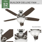 Hunter 52 inch Indoor Ceiling Fan with LED Light - Ceiling Fan with Pull Chain, For Bedroom or Living Room, Standard Mount, No Remote, 5 Blades, Includes Bulbs - Builder Deluxe 53090, Brushed Nickel