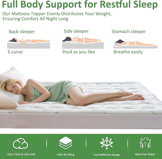 Bioeartha Cooling Mattress Topper Queen – Extra Soft Pillow Top Mattress Pad, Breathable Viscose Made from Bamboo Mattress Protector for Back Pain Relief, Deep Pocket Cover Fits 8–21 Inch