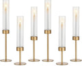 Glasseam Tapered Gold Candlestick Holders: 6 Pcs Tall Brass Taper Candle Holder with Ribbed Glass Cylinder - Hurricane Fluted Candle Holders for Table Centerpiece Wedding Party Christmas Decorations