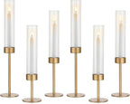 Glasseam Tapered Gold Candlestick Holders: 6 Pcs Tall Brass Taper Candle Holder with Ribbed Glass Cylinder - Hurricane Fluted Candle Holders for Table Centerpiece Wedding Party Christmas Decorations