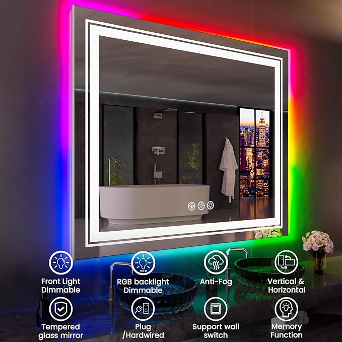 LED Mirror for Bathroom, 77"X36" with 8 RGB Backlit +3 Front Lit (Adjustable Individually), Anti-Fog, Large Lighted Bathroom Vanity Mirror for Wall,Shatterproof,Memory Function,Tempered Glass