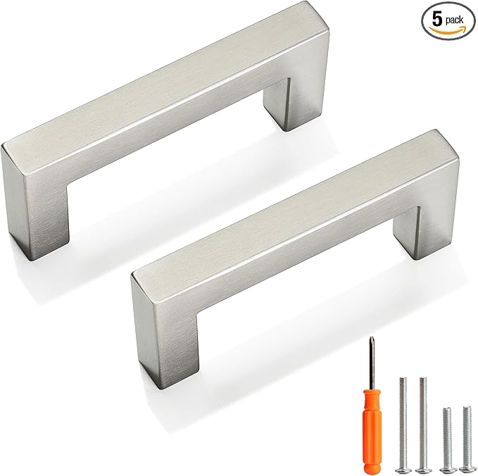 Cabinet Pulls Brushed Nickel Cabinet Handles Square Drawer Pulls, 5 Pack 3 Inch Stainless Steel Kitchen Door Cupboard Cabinet Handles, Cabinet Hardware Drawer Handles, 76mm Hole Centers