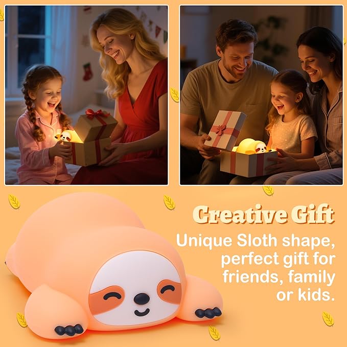 Sloth Night Light, Cute Sloth Gifts for Kids, Dimmable Silicone Animal Nursery Lamp,Adorable Rechargeable Squishy Night Light Touch Lamp for Girls Boys Room Decor