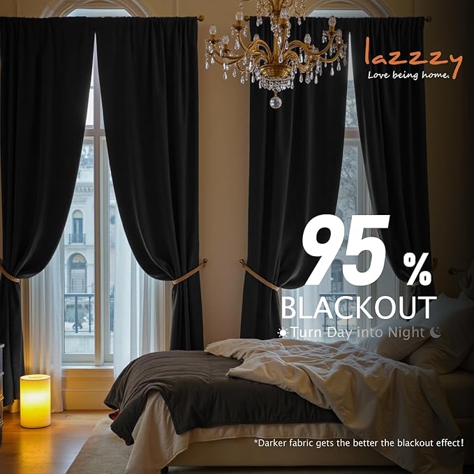 Lazzzy Velvet Blackout Curtains Thermal Insulated Room Window Drapes Super Soft Luxury Curtains for Living Room Bedroom Rod Pocket 2 Panels, Black, 52" W x 84" L