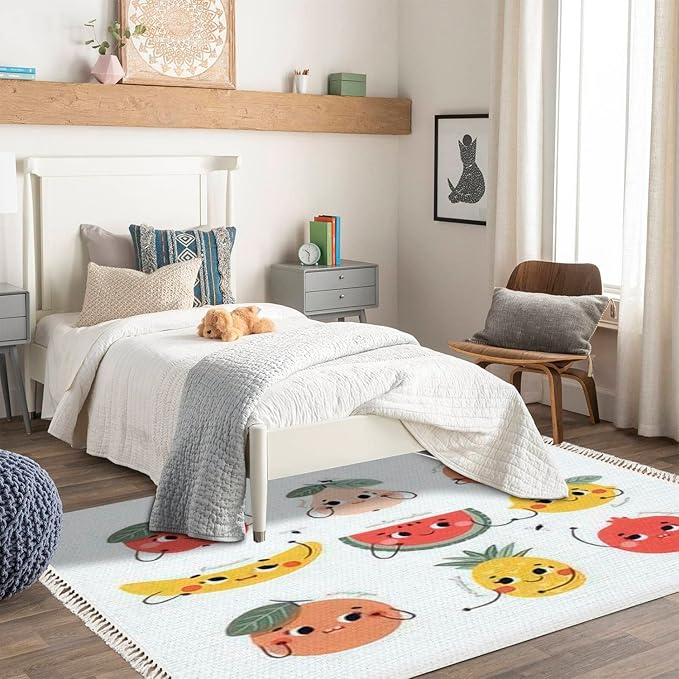 Boho Nursery Rug Cute Funny Fruits Characters Pear Banana Scandinavian Chic Area Rug Washable Rug Meditation Mat Minimalist Home Decor for Living Room Bedroom Playroom Classroom