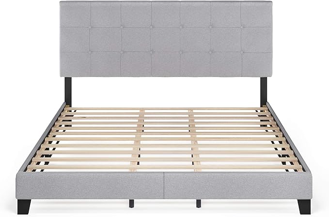 Furinno Laval Button Tufted Upholstered Platform Bed Frame, California King, Glacier