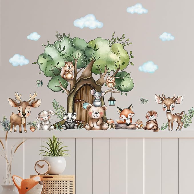 Jungle Animal Wall Stickers Forest Safari Wall Decals Kid Room Nursery Baby Bedroom Décor (Tree House Animals)
