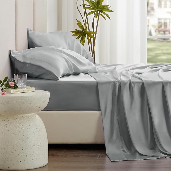 Love's cabin Twin Satin Sheets Sets - 3 Piece Silver Silky Bed Sheets with Deep Pockets, Luxury Silk Feel Satin Twin Size Sheet Set Bedding Set (1 Flat Sheet,1 Fitted Sheet,1 Pillow case)