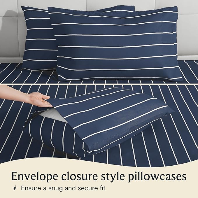 LuxClub 4 PC Cal King Size Sheet Set Bed Sheets, Breathable Luxury Deep Pockets Wrinkle Free Cooling Sheets Machine Washable Hotel Bedding (Cal King, Striped Navy)