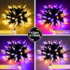 KOUQIYA Battery Halloween Lights 2 Pack, 17ft 50 LED Dual Color Changing Mini String Light with 3 Auto-Timer Options and12 Lighting Modes Waterproof Tree Lights (Orange Purple & Warm White)