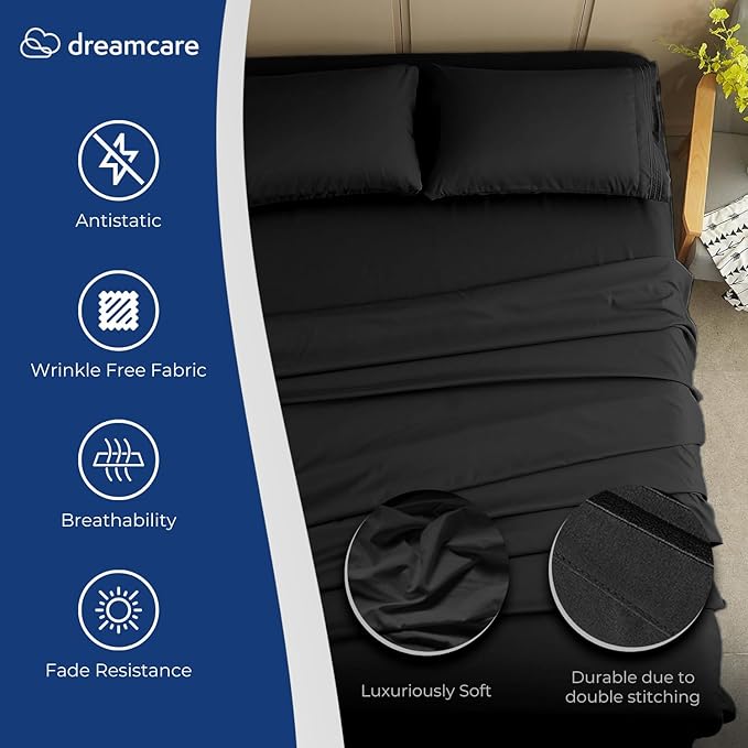 DREAMCARE King Size Sheets Set – 4 pcs Cooling Sheets – up to 21” Deep Pocket King Sheet Set – Hotel Luxury Sheets & Pillowcases – Superior Softness 100% Fine Microfiber with Side Pocket – Black
