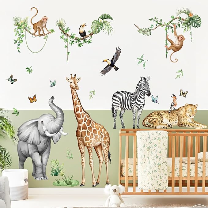 Jungle Safari Animal Wall Decals for Kids Room - Wildlife Wall Stickers Giraffe Elephant Leopard Zebra Monkey Removable Vinyl Nursery Decor for Baby Toddlers Classroom Playroom Wall Decor