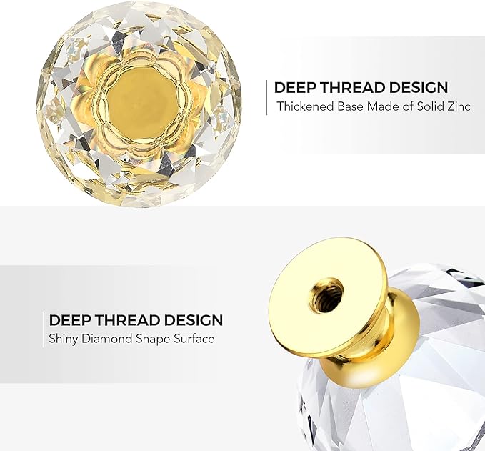 Ravinte 10 Pack Crystal Drawer Knobs - Glass Cabinet Knobs, Diamond Shaped, 30 mm with Gold Base
