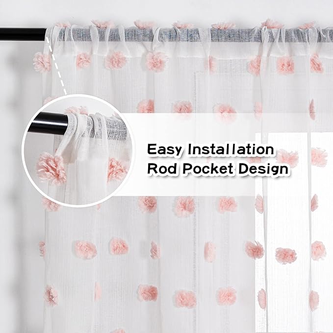 MYSKY HOME Pink Pom Pom Curtains for Living Room Nursery White Sheer Curtains for Girls Bedroom 63 Inch Length Long Window Curtains for Kids Room 2 Pieces Rod Pocket Farmhouse Window Drapes 37" x 63"