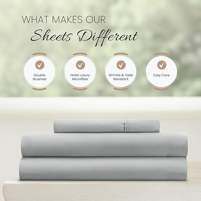 Linen Market Double-Brushed Microfiber Twin XL Sheet Set 3 Piece – Oeko-TEX Certified Ultra Soft & Wrinkle-Free - 16" Deep Pocket Sheets - Easy Care Twin XL Size - Light Gray