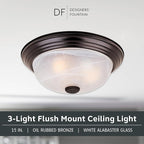 DESIGNERS FOUNTAIN Reedley 3-Lights Flush Mount Ceiling Light, 15 Inch Lighting Fixture for Kitchen, Bedroom, Bathroom, and Hallway, White Alabaster Glass, Oil Rubbed Bronze, 1257L-ORB-AL