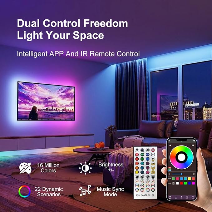 130 FT Led Lights For Bedroom,Music Synchronized, Intelligent Application Remote Control Color Change Bluetooth LED Strip Lights, Used For Bedroom, Kitchen, Room Lighting Decoration