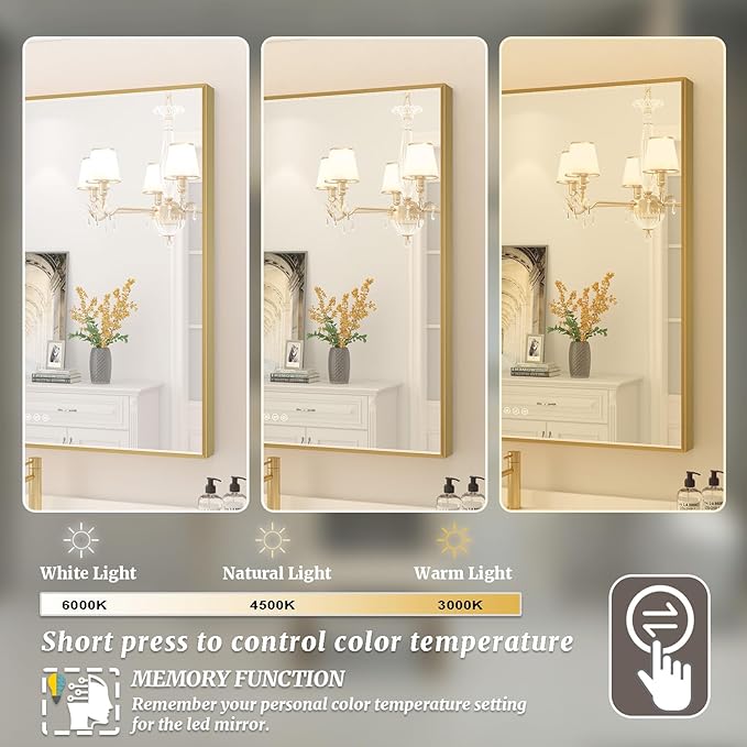 36x36 Inch LED Bathroom Mirror, Gold Metal Framed Lighted Mirror for Bathroom, Wall Mouted LED Vanity Mirror with Lights, 3 Colors and Stepless Dimmable, Anti-Fog, Memory
