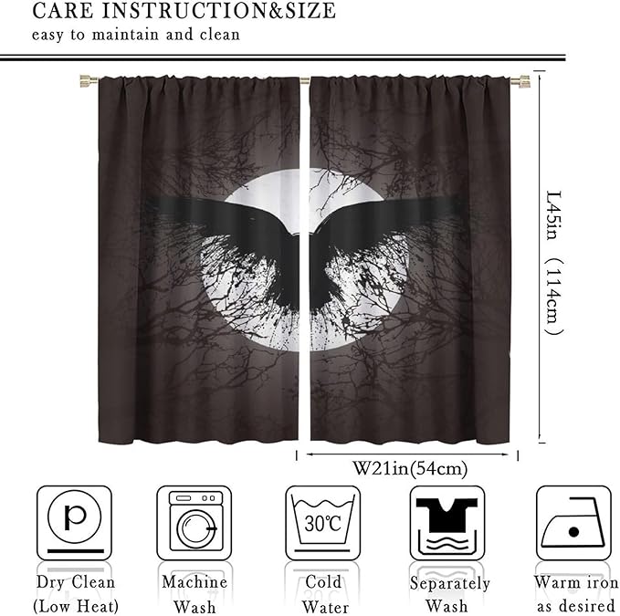 Cool Raven Print Blackout Curtains for Bedroom,Vintage Nordic Viking Theme Dead Tree Crow Full Moon Rod Pocket Thermal Insulated Room Darkening Curtains 2 Panels 45L x 21W