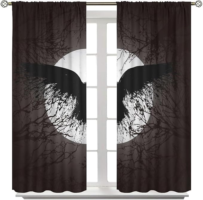 Cool Raven Print Curtains for Bedroom - Vintage Nordic Viking Theme Dead Tree Crow Full Moon Window Treatment,Energy Saving Thermal Insulated Rod Pocket Bedroom Blackout Curtains 2 Panels 84L x 26W