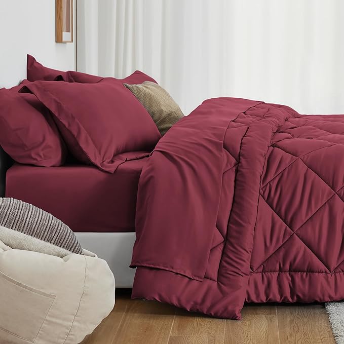 Love's cabin Full Comforter Set Burgundy, 7 Pieces Full Bed in a Bag, All Season Bedding Sets with 1 Comforter, 1 Flat Sheet, 1 Fitted Sheet, 2 Pillowcase and 2 Pillow Sham