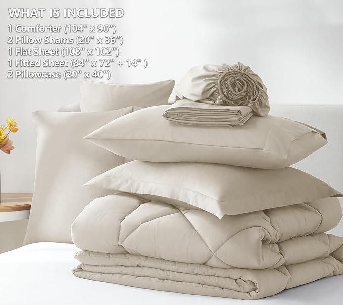 CozyLux California King Comforter Set Oatmeal - Cal King Bed in a Bag 7 Pieces, Luxury Soft Bed Set for All Seasons, Bedding Set with Down Alternative Comforter, Sheets, Pillowcases & Shams