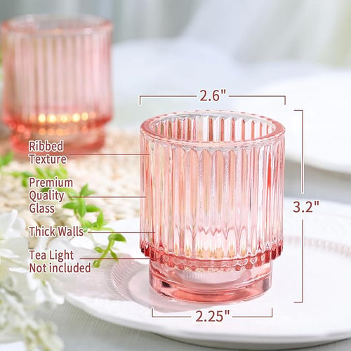 8 Pcs Large Lavender Votive Candle Holders, Tealight Ribbed Candle Holders Glass, Brildal Shower Table Decor,Wedding Centerpieces Table Decorations