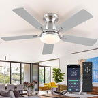 Ceiling Fans with Lights and Remote/APP Control,46" Flush Mount Ceiling Fan Dimmable DC Motor，Low Profile Ceiling Fan for Bedroom,Living Room,Brushed Nickel