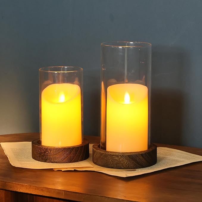 Set of 2 Hurricane Candle Holders with Wood Base & Glass Cylinder (4.2x5.9” & 4.6x7.8”) – Rustic Wooden Candle Holders for Home Decor, Weddings, Table Centerpieces