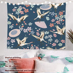 Batmerry Navy Blue Japanese Cherry Tapestry, Oriental Wall Art Hanging Decoration Polyester Fiber White Ruffled Around for Dorm Room Bedroom Living Room, 59.1x82.7 inches