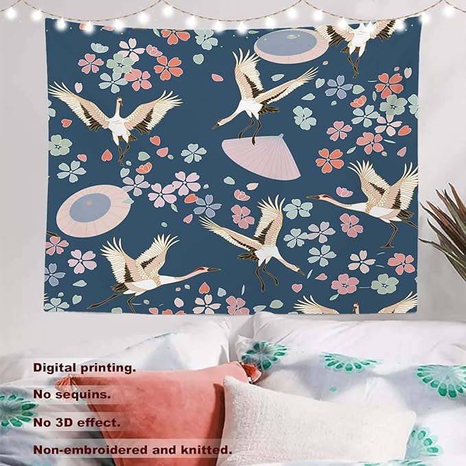 Batmerry Navy Blue Japanese Cherry Tapestry, Oriental Wall Art Hanging Decoration Polyester Fiber White Ruffled Around for Dorm Room Bedroom Living Room, 59.1x82.7 inches